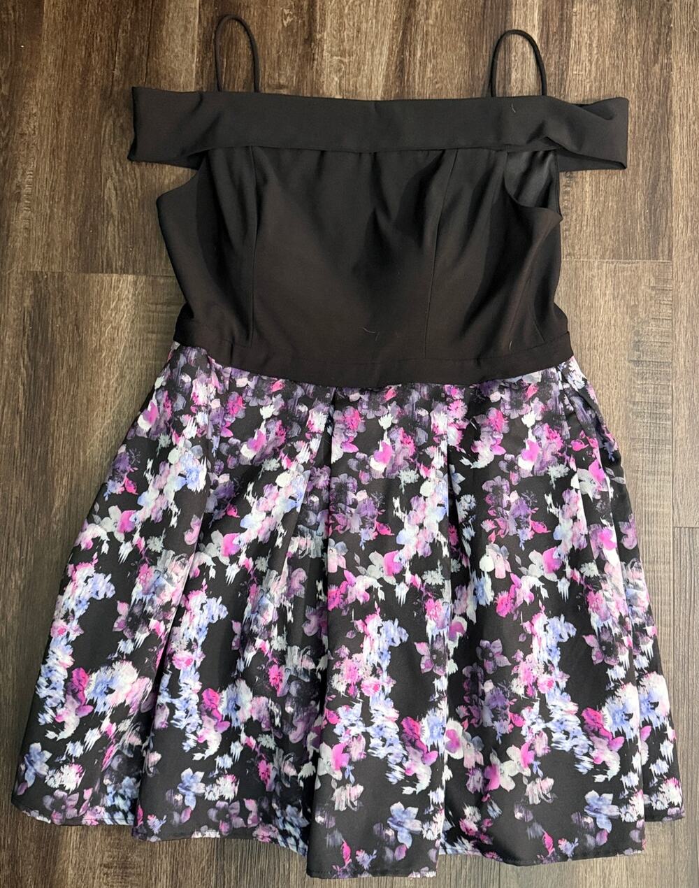 Morgan & Co. Black/Purple Multi Off Shoulder Fit & Flare Dress Size 18 NWT
